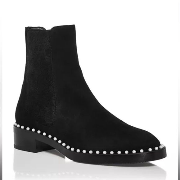 NEW Stuart Weitzman Cline Pearl Embellished Suede Low Heel Bootie Boot Black - Picture 2 of 10